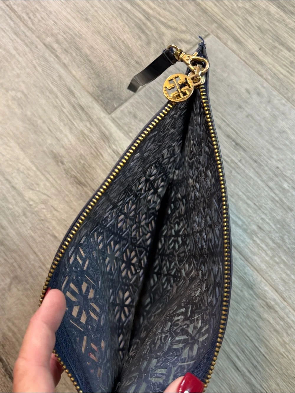 TORY BURCH Pouch Clutch Limited Edition Lace Cut Purse Travel Navy